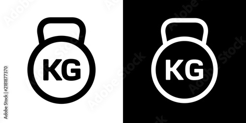 A weight or kettlebell icon. Symbols of kilograms, kg or tonnes. Symbols of great weight, force, or ponderosity. A kettlebell athlete's equipment. Raster.