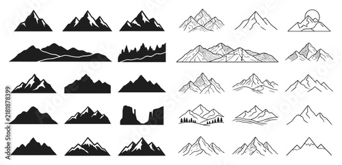 Collection of various mountain silhouette icons and hand drawn line art sketches for outdoor adventure and travel design