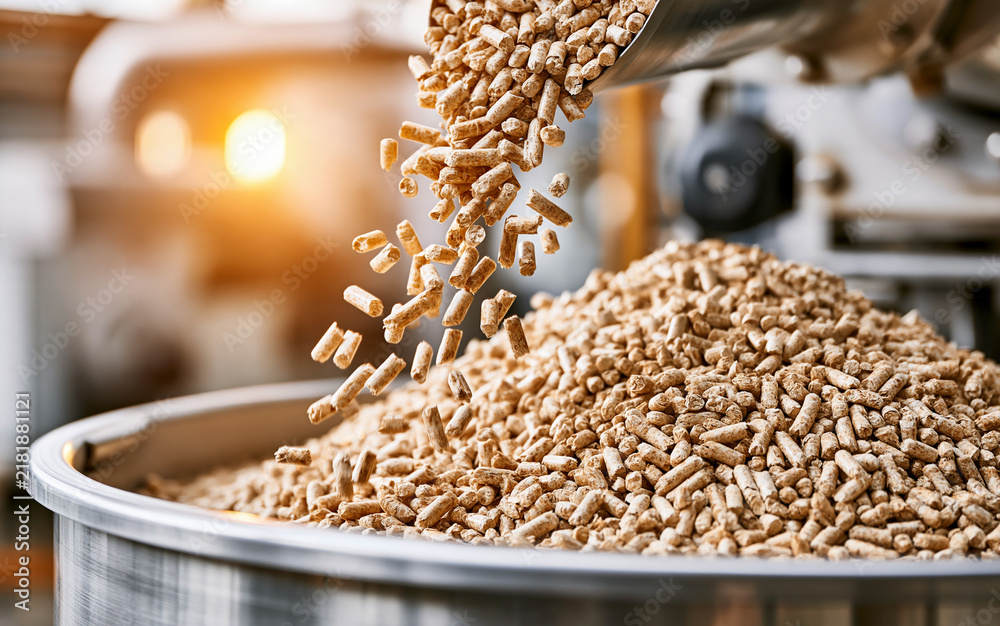 Obraz premium Wood pellets falling from industrial machine into metal container