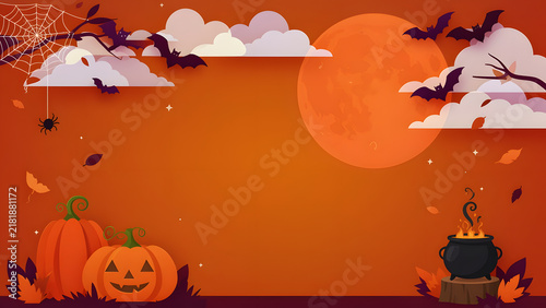 Happy Halloween banner or party invitation background with clouds, bats and pumpkins in paper cut style. Vector illustration, created with generative ai
