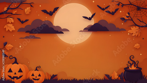 Happy Halloween banner or party invitation background with clouds, bats and pumpkins in paper cut style. Vector illustration, created with generative ai