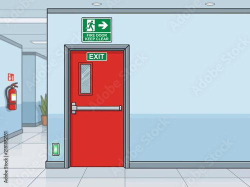 Exit Door With Fire Safety Signs In A Modern Corridor Environment