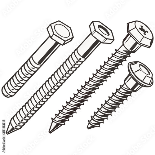 Set of vintage style metal screw illustrations on a white background