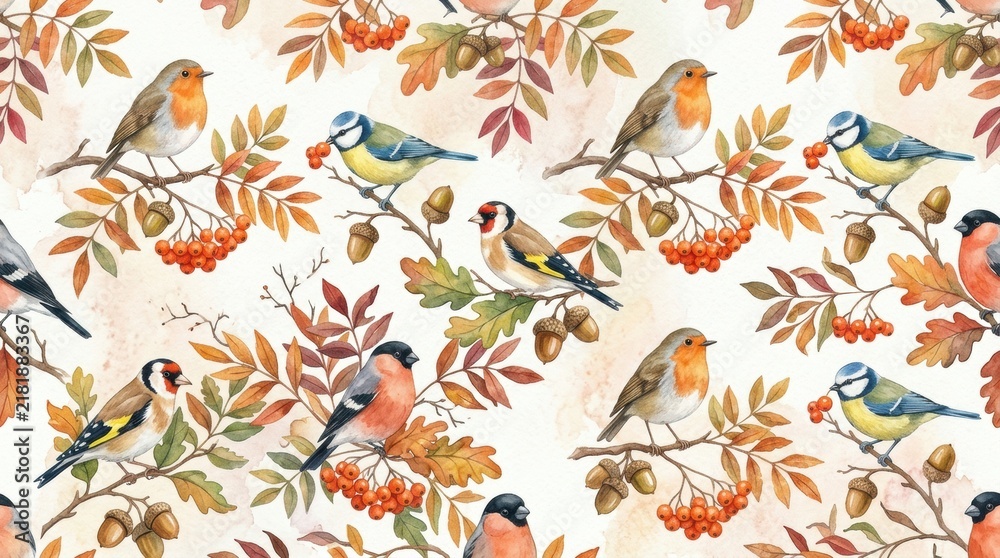 Fototapeta premium Robin bullfinch goldfinch birds seamless pattern, blue tit rowan berries oak leaves illustration, cream background woodland design. Autumn birdwatching theme
