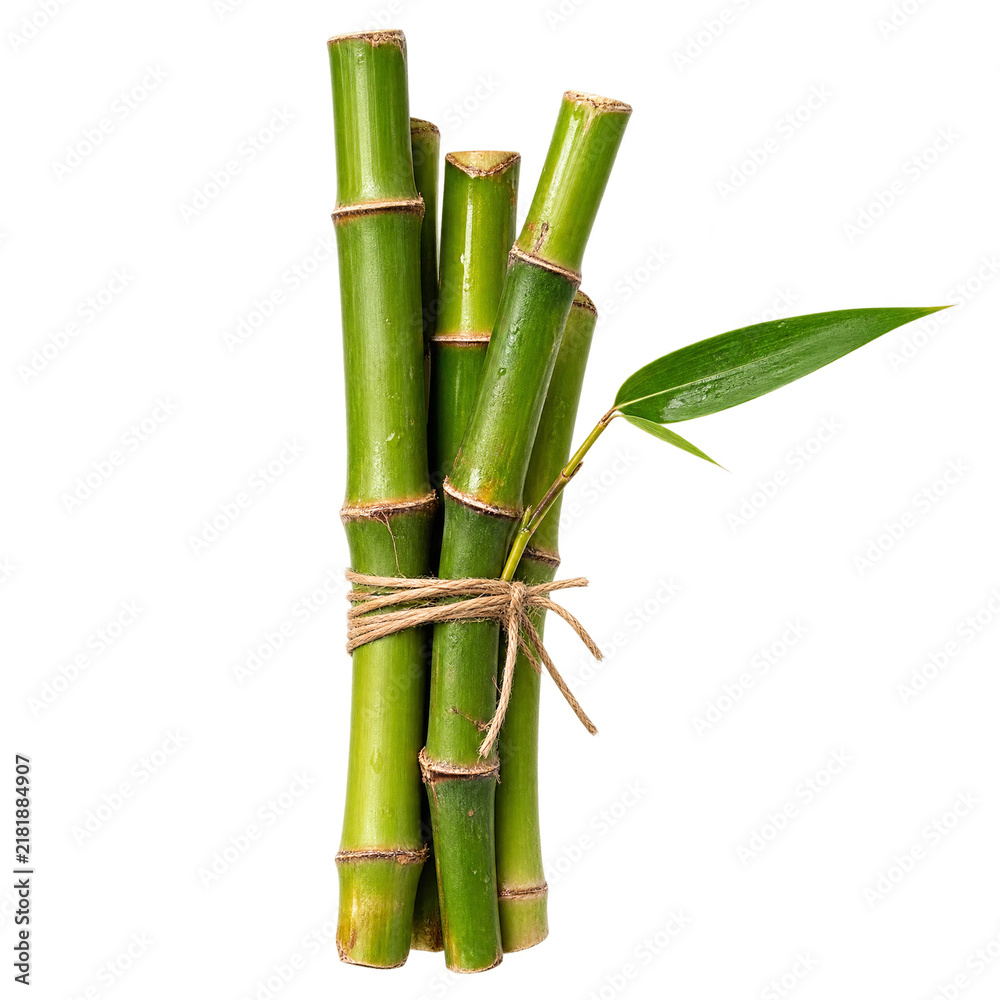 Fototapeta premium Fresh green bamboo stems tied with twine isolated on a transparent background.