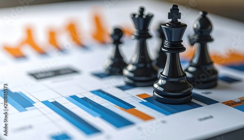 Business strategy chess pieces and graph 3D illustration