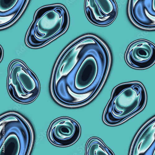 Liquid chrome blue metallic drops seamless pattern on turquoise background