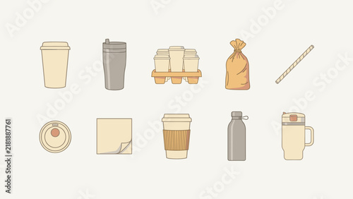 Blank takeaway coffee cup and tumbler icon set – Great for cafe branding mockups, packaging design, or menu graphics