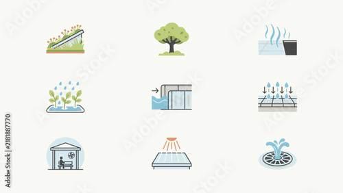 Urban climate adaptation icon set with green roof and cool pavement – Perfect for city planning documents, policy briefs, or architecture decks