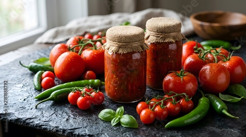 Homemade tomato salsa in glass jars with fresh tomatoes and green chili peppers on table