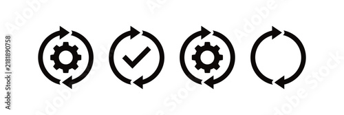 Set of circular arrow icons with gear and checkmark symbols for process, update, and workflow management
