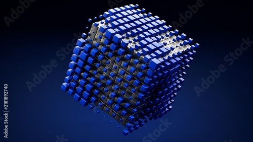 3D Abstract Blue Pixels Cube Constructing Big Data Concept on Dark Blue Background