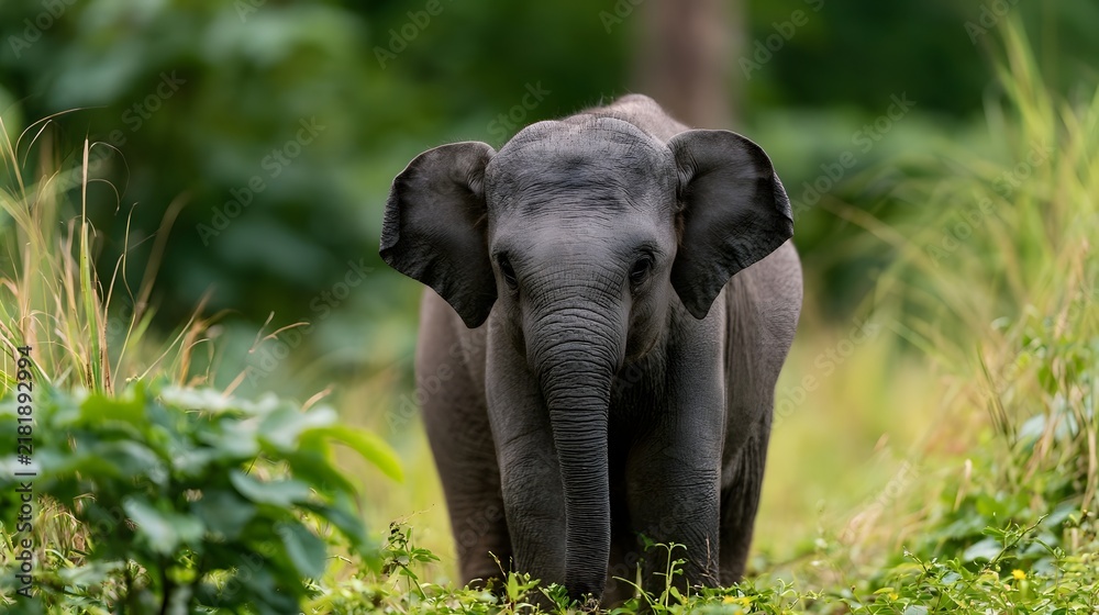 Obraz premium A young elephant stands calmly in a lush green forest its large ears and wrinkled trunk visible against soft natural light