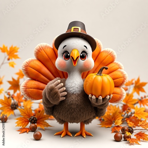 Cute 3D Character Thanksgiving Turkey Wearing Pilgrim Hat Holding Small Pumpkin with Autumn Leaves Background