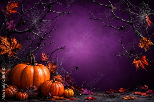 Spooky Halloween Purple Background Frame with Big Orange Pumpkins, Spider Webs, Creepy Bare Branches, and Autumn Leaves with Copy Space
