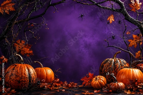 halloween background with pumpkins Spooky Halloween Purple Background with Textured Orange Pumpkins, Spider Webs, Hanging Spiders, and Autumn Leaves with Copy Space