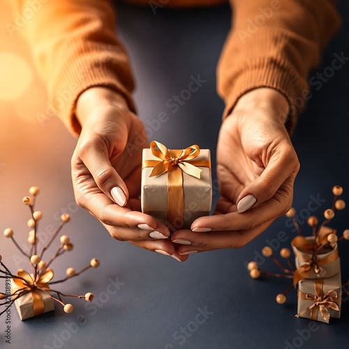 Woman Hands Holding Small Gift Box with Golden Ribbon, Cozy Holiday Gift Giving Concept