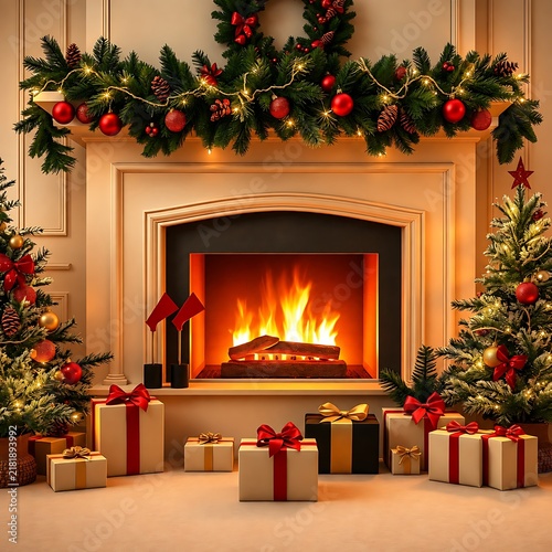 fireplace with christmas gifts Cozy Christmas Living Room Interior with Burning Fireplace, Christmas Trees, Garland, and Gift Boxes