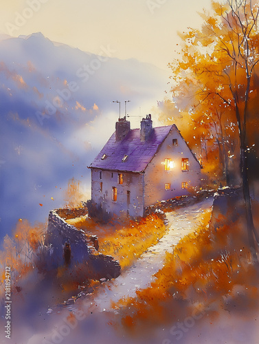 Cozy Mountain Cottage in Autumn Landscape, Watercolor Painting