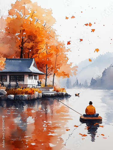 Autumn Watercolor Landscape with Fisherman on a Peaceful Lake