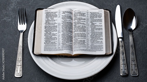 Open Bible beside an untouched place setting symbolizing spiritual fasting, prayer and devotion to God.
