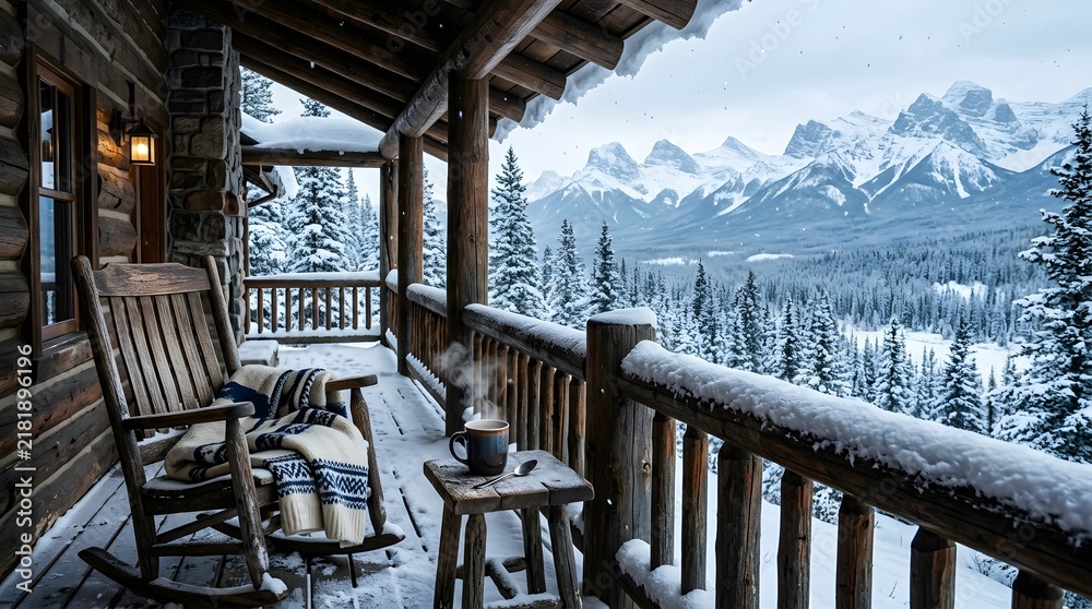 Obraz premium Wooden rocking chair on snowy cabin porch overlooking mountain range