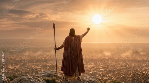 Joshua overlooking the victorious Israelite army as the sun stands still above the battlefield by divine command.