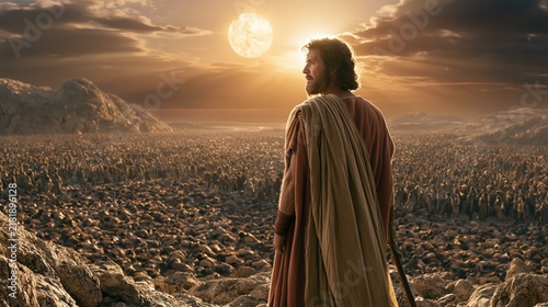 Joshua overlooking the victorious Israelite army as the sun stands still above the battlefield by divine command.