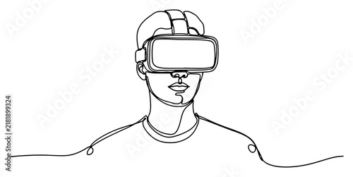 Canvastavla Young Man Wearing Virtual Reality VR Headset Goggles Single Continuous Line Art,