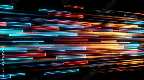 Digital transformation concept with colorful light streaks and glowing bars on a black background.