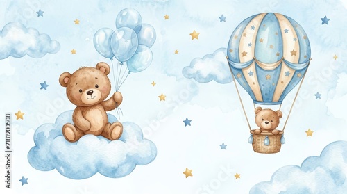 Adorable watercolor teddy bear sitting on clouds with blue balloons.