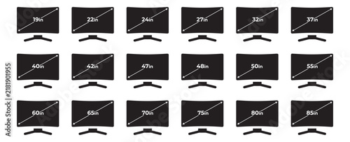 Smart TV screen size 19 to 85 inches icon set. Television display dimension symbols for label, logo, badge, sign, banner, infographic, black flat vector isolated illustration