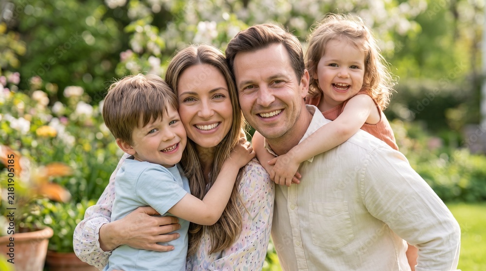 Fototapeta premium Loving Parents and Children Sharing an Intimate Family Hug Outdoors