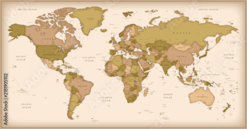 Vintage Style World Map - Detailed Political Map with Countries, Borders and Retro Design