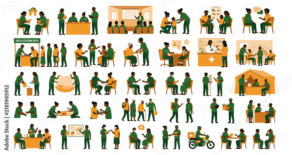 Obraz premium Medical Professionals Set with Diverse Activities and Roles. Healthcare Workers in Green Uniforms Performing Various Tasks, Including Patient Care