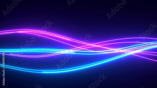 Neon light waves abstract background illustration. Glowing pink and blue lines streaming across dark space. Digital technology background for modern presentations.