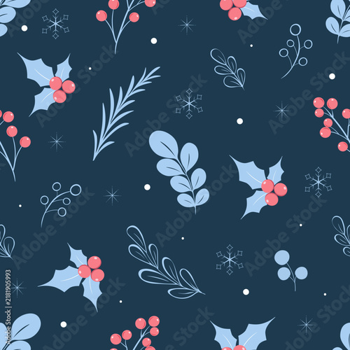 Seamless winter botanical pattern with red berries, snowy branches and leaves on dark navy blue background. Festive Christmas vector texture.