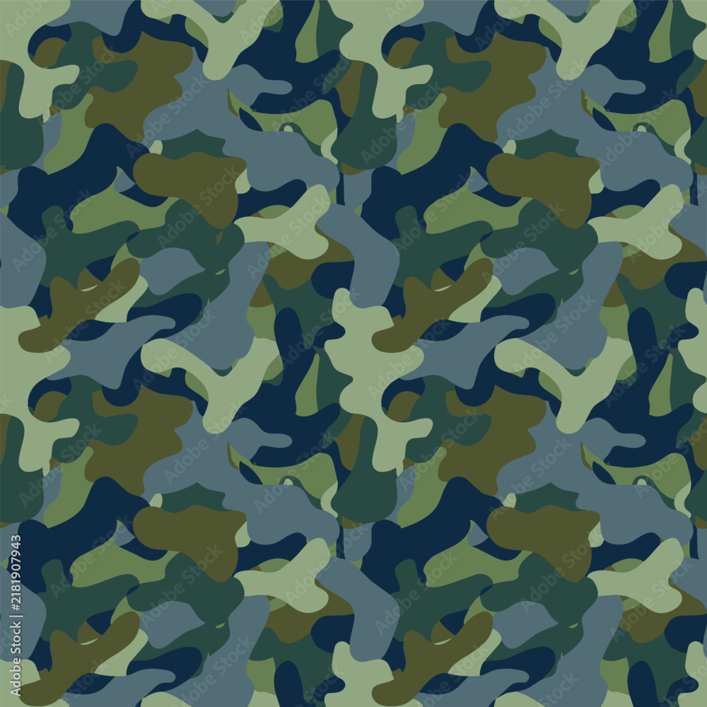 Fototapeta premium Seamless military camouflage pattern vector textured army camo backdrop banner in green, blue, khaki and olive colors. For background, hunting, tactical gear, apparel, wrapping materials.
