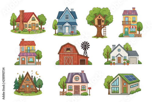 Set of cute house stickers showing a variety of cozy homes and a treehouse. Concept of diverse home styles and cozy living. PNG