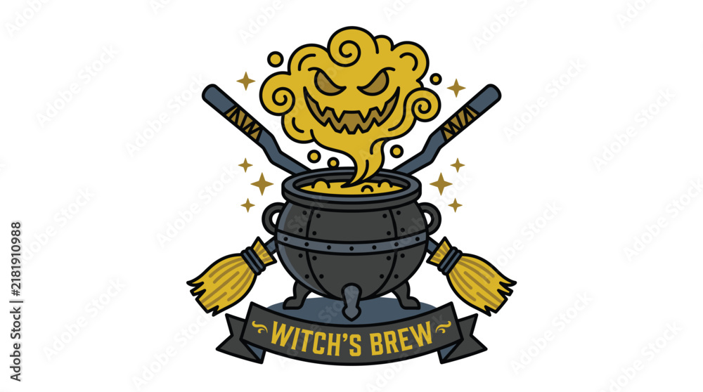 Fototapeta premium Witches brew magic potion cauldron with crossed brooms and scary smoke shape