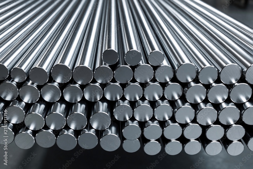 Fototapeta premium Stacked circular metal rods are ready for manufacturing. Shiny aluminum bars form industrial supply pattern. Material stock for engineering and construction.