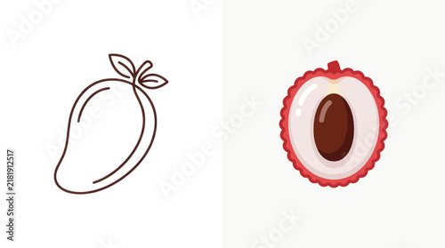 Minimalist Mango Outline and Lychee Cross-Section Vector Icons