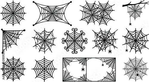 Collection of hand drawn spider web illustrations for creative halloweeen party decorations and spooky graphic design projects