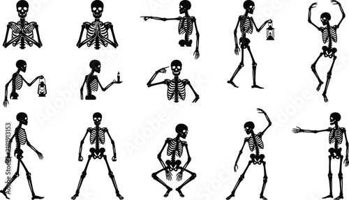 Set of hand drawn skeleton figures in various poses for halloweeen design projects and spooky graphic illustrations