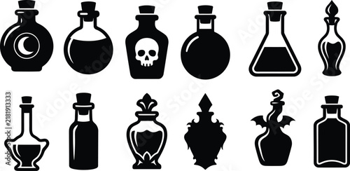 Set of black silhouette potion bottles for a spooky halloweeen design project or mystical magic themed graphic illustration