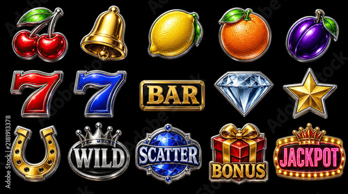 Collection of classic slot machine game icons including fruits, lucky seven, diamond, horseshoe, and bonus elements isolated on black background.