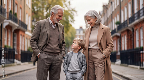 Modern, active grandparents smiling tenderly at their grandson.