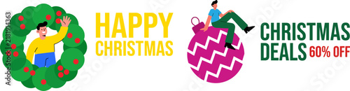 Happy man in christmas wreath and sitting on bauble with holiday shopping discounts