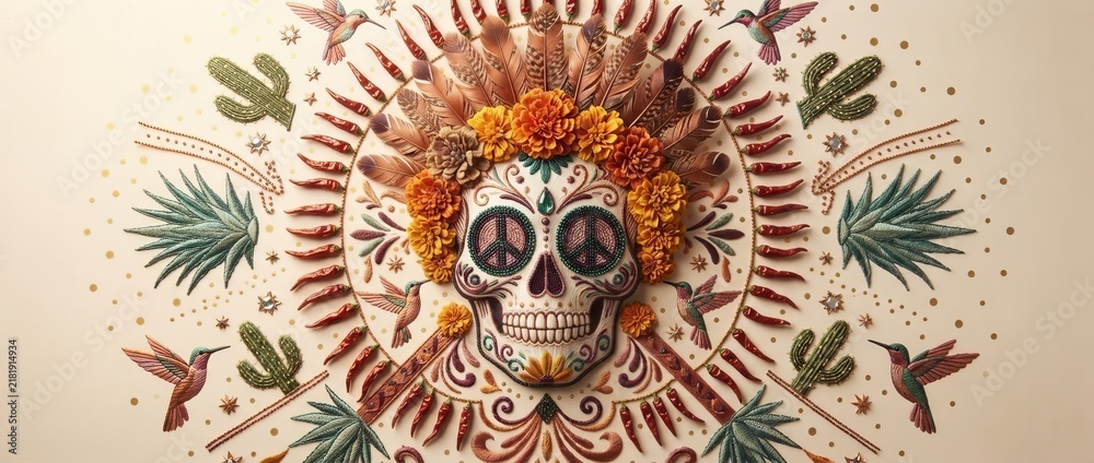 Obraz premium Decorated sugar skull with marigold flowers feathers and chili peppers surrounded by cacti agave and hummingbirds on beige background. Day of the dead