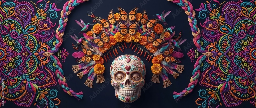 Fototapeta premium Sugar skull with marigold flowers monarch butterflies hummingbirds and colorful feathers on dark background with mexican embroidery